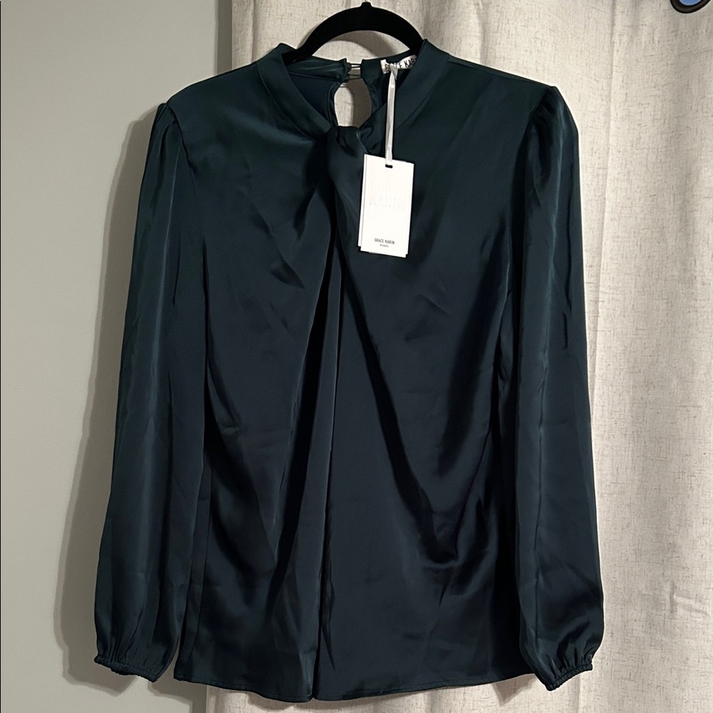 Grace Karin Elegant Dark Green Satin Blouse